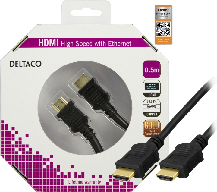 DELTACO Premium High Speed HDMI kabel, 4K i 60Hz, HDR, 0,5m, svart in de groep HOME ELECTRONICS / Kabels & Adapters / HDMI / Kabels bij TP E-commerce Nordic AB (C17894)