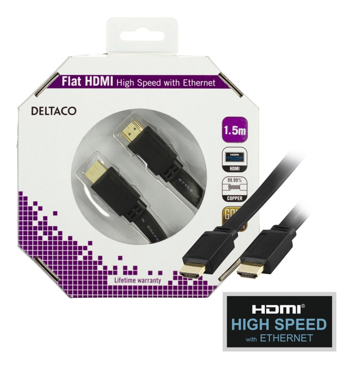 DELTACO platt HDMI kabel, HDMI High Speed with Ethernet, 1.5m, svart in de groep HOME ELECTRONICS / Kabels & Adapters / HDMI / Kabels bij TP E-commerce Nordic AB (C17897)
