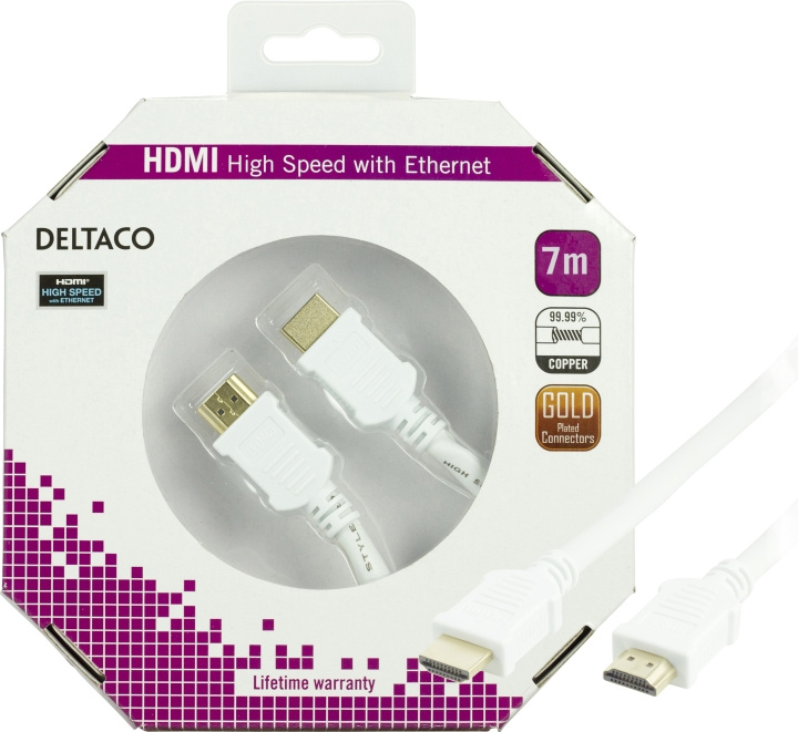 DELTACO HDMI kabel, HDMI High Speed with Ethernet, 4K, 7m, vit in de groep HOME ELECTRONICS / Kabels & Adapters / HDMI / Kabels bij TP E-commerce Nordic AB (C17903)
