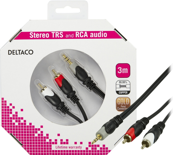 DELTACO ljudkabel 3,5mm ha - 2xRCA ha, guldpläterad, 3m in de groep HOME ELECTRONICS / Kabels & Adapters / RCA / Kabels bij TP E-commerce Nordic AB (C17967)
