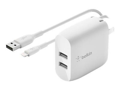Belkin Väggladdare med 2x USB uttag + Lightning kabel 1m in de groep SMARTPHONE & TABLETS / Opladers & Kabels / Wandoplader / Wandoplader USB bij TP E-commerce Nordic AB (C18861)