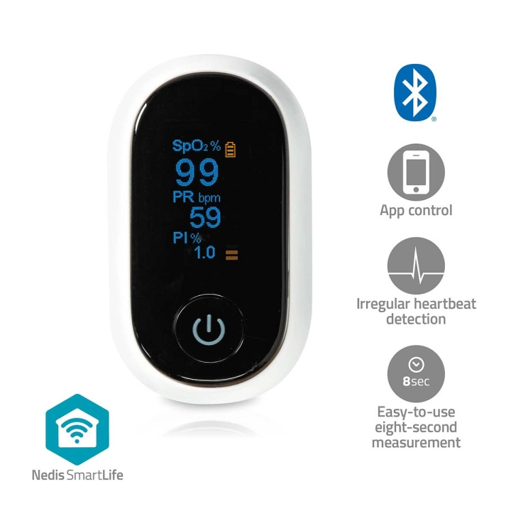 Nedis SmartLife Pulse Oximeter | Bluetooth® | OLED-Scherm | Anti-bewegingsinterferentie / Auditief alarm / Hoge precisie sensor / Perfusie-index / Polsslag / Zuurstofverzadiging (SpO2) | Wit in de groep BEAUTY & HEALTH / Gezondheidszorg / Pulsoximeters bij TP E-commerce Nordic AB (C25693)