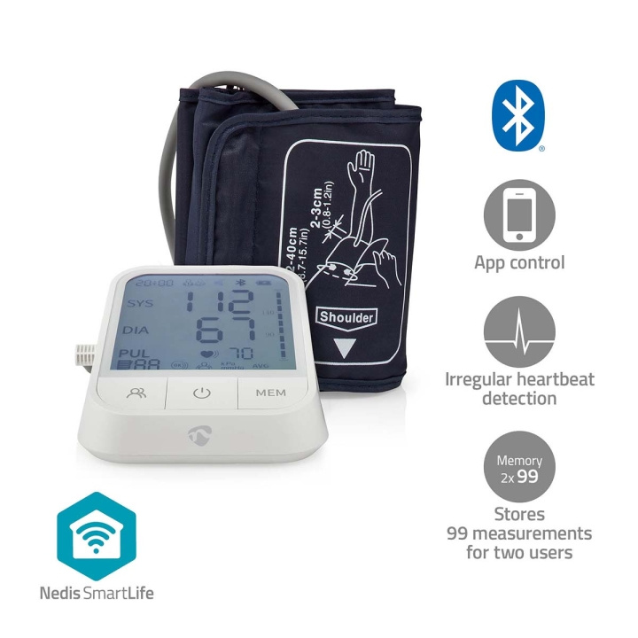 Nedis SmartLife Bloeddrukmeter | Arm | Bluetooth® | LCD-Scherm | 22 - 42 cm | Aanduiding van stil houden / Detectie van onregelmatige hartslag / Detectie voor het dragen van armband | Wit in de groep BEAUTY & HEALTH / Gezondheidszorg / Bloeddrukmeters bij TP E-commerce Nordic AB (C25695)