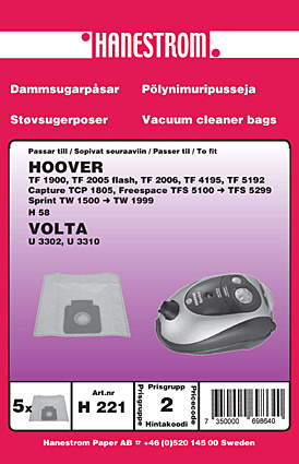 hanestroem Dammsugarpåsar Hanestrom Hoover TW 1650 Sprint in de groep HUISHOUDEN & TUIN / Schoonmaakproducten / Stofzuigers & Accessoires / Accessoires / Stofzuigerzakken bij TP E-commerce Nordic AB (C33205)