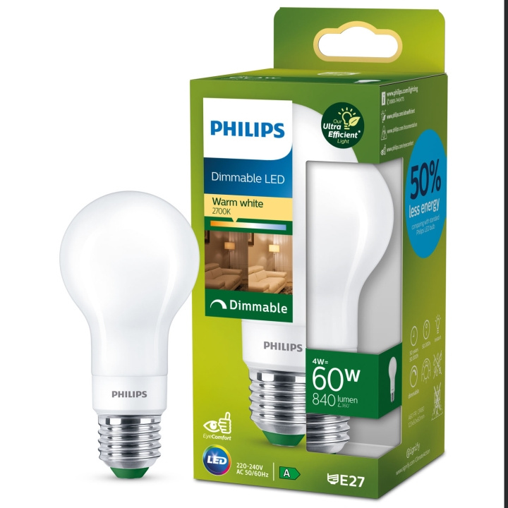 Philips LED E27 Normal 4W (60W) Frost Dimbar 840lm 2700K Energiklass A in de groep HOME ELECTRONICS / Verlichting / LED-lampen bij TP E-commerce Nordic AB (C33751)