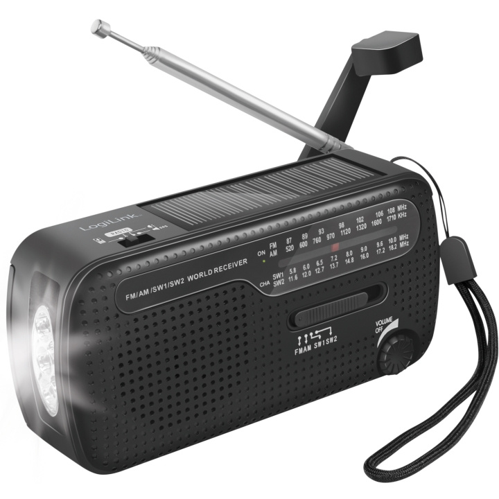 LogiLink Vevradio med ficklampa och solcell Svart in de groep HOME ELECTRONICS / Audio & Beeld / Thuisbioscoop, Hifi en Draagbaar / Radio & Wekkers / Draadloze audiozender bij TP E-commerce Nordic AB (C37677)