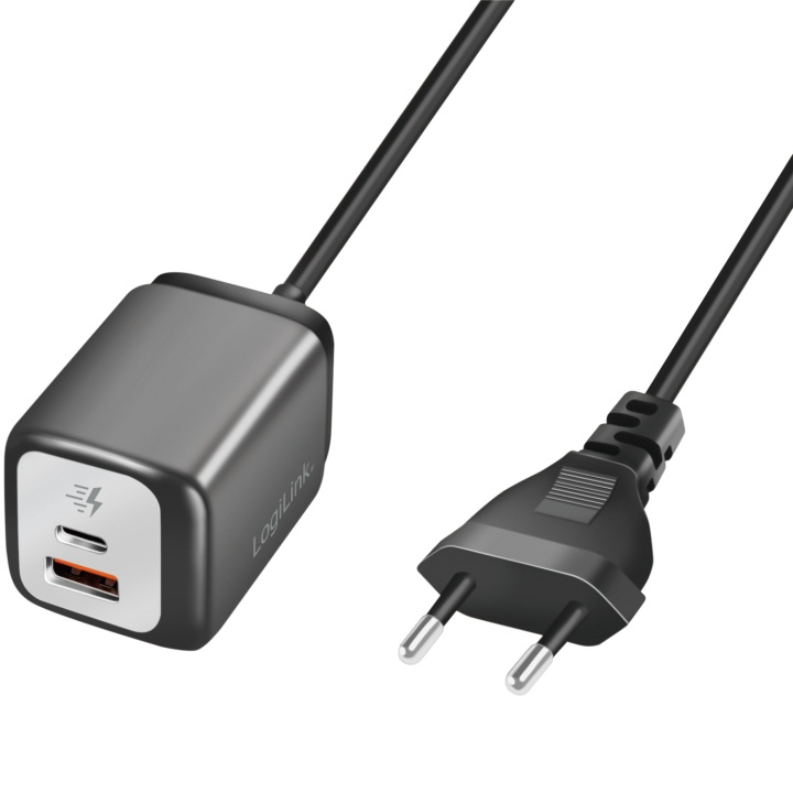 LogiLink USB-laddare 1xUSB-A + 1xUSB-C med fast kabel 1,5m GaN 30W in de groep SMARTPHONE & TABLETS / Opladers & Kabels / Wandoplader / Wandoplader Type C bij TP E-commerce Nordic AB (C37684)