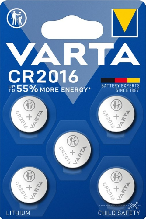 Varta CR2016 (6016) batterij, 5 stks. in blister lithium knoopcel, 3 V in de groep HOME ELECTRONICS / Batterijen & Opladers / Batterijen / Knoopcel bij TP E-commerce Nordic AB (C38911)