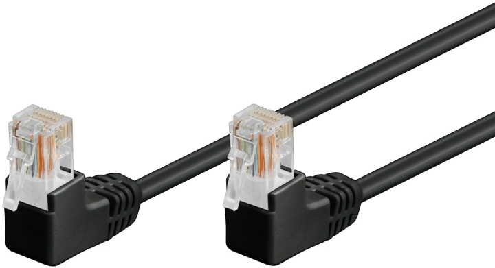 Goobay CAT 5e netwerkkabel 2x 90° haaks, U/UTP, zwart, 0,25 m met koper beklede aluminium geleider (CCA), 2x RJ45-stekker 90° (8P8C) in de groep COMPUTERS & RANDAPPARATUUR / Computerkabels / Netwerkkabels / Cat5e bij TP E-commerce Nordic AB (C40015)