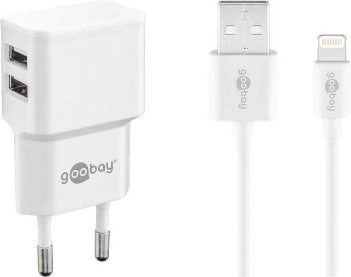 Goobay Apple Lightning Dual laddningssats (12 W) Strömförsörjningsenhet med 2x USB-uttag och Apple Lightning-kabel 1 m (vit) in de groep SMARTPHONE & TABLETS / Opladers & Kabels / Wandoplader / Wandoplader Lightning bij TP E-commerce Nordic AB (C43978)