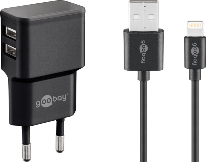 Goobay Apple Lightning Dual laddningssats (12 W) Strömförsörjningsenhet med 2x USB-uttag och Apple Lightning-kabel 1 m (svart) in de groep SMARTPHONE & TABLETS / Opladers & Kabels / Wandoplader / Wandoplader Lightning bij TP E-commerce Nordic AB (C43980)