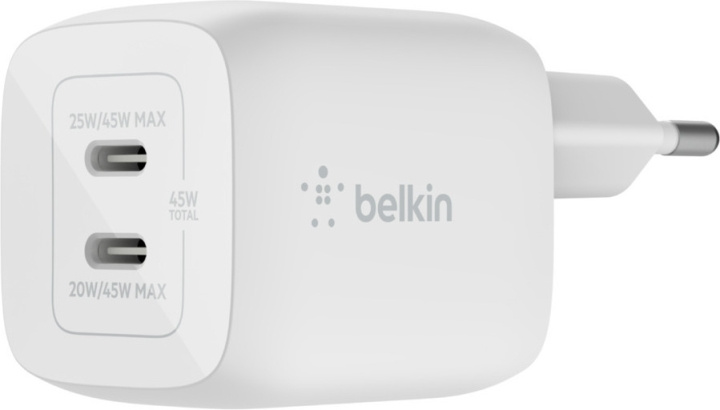 Belkin Boost Charge Pro Dual Port USB-C GaN 45 W PD 3.0 -verkkovirtalaturi, valkoinen in de groep SMARTPHONE & TABLETS / Opladers & Kabels / Wandoplader / Wandoplader Type C bij TP E-commerce Nordic AB (C44534)