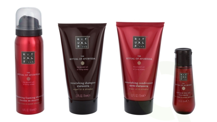 Rituals Ayurveda Set 220 ml Shampoo 70ml/Conditioner 70ml/Foaming Shower Gel 50ml/Dry Oil 30ml/Pouch in de groep BEAUTY & HEALTH / Huidsverzorging / Lichaamsverzorging / Body lotion bij TP E-commerce Nordic AB (C47488)