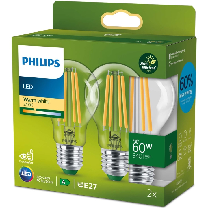 Philips 2-pack LED E27 Normal 4W (60W) Klar 840lm 2700K Energiklass A in de groep HOME ELECTRONICS / Verlichting / LED-lampen bij TP E-commerce Nordic AB (C51452)