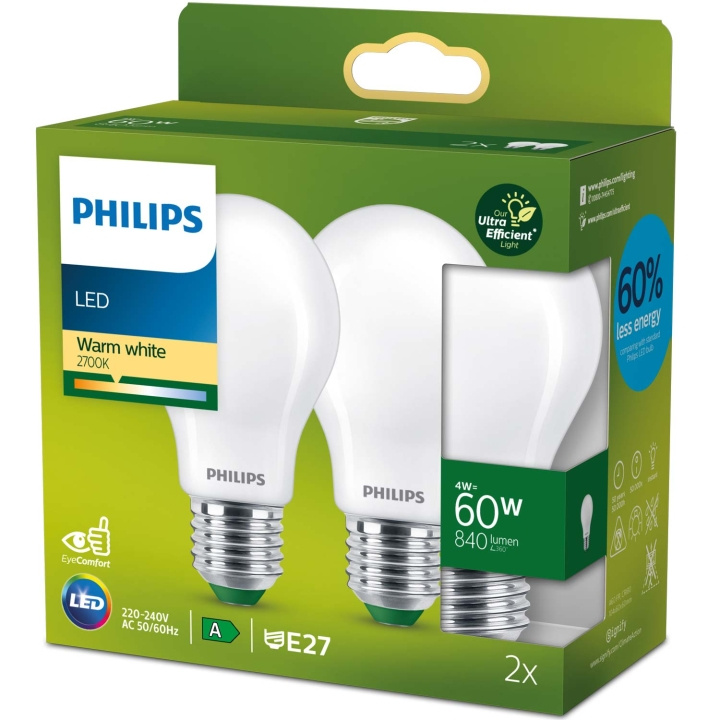 Philips 2-pack LED E27 Normal 4W (60W) Frostad 840lm 2700K Energiklass A in de groep HOME ELECTRONICS / Verlichting / LED-lampen bij TP E-commerce Nordic AB (C51453)