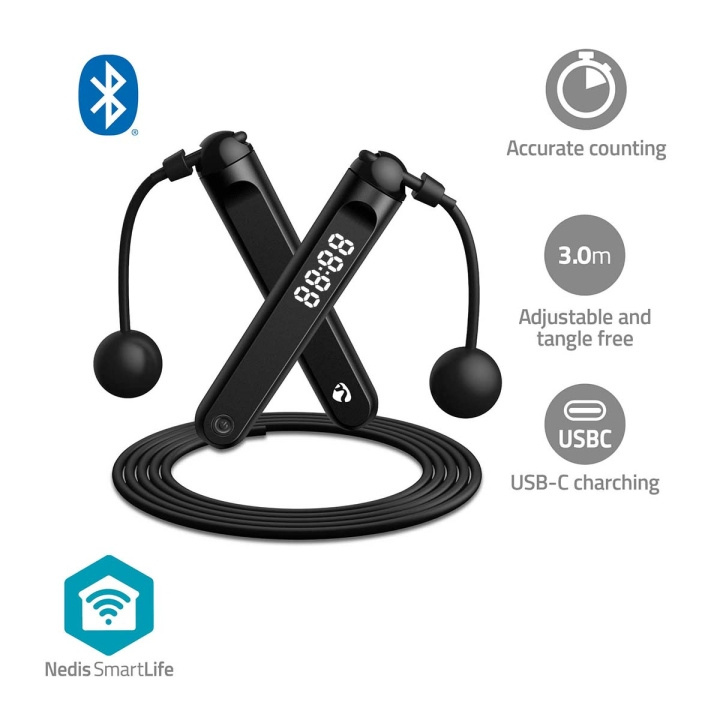 Nedis SmartLife Buitensport | Springtouw | Bluetooth® | Dual Hall sensor | LED-Scherm | PVC | 3.00 m | Snoerloze Ballen / Tasje | Zwart in de groep SPORT, VRIJE TIJD & HOBBY / Oefen materiaal / Training-accessoires bij TP E-commerce Nordic AB (C57022)