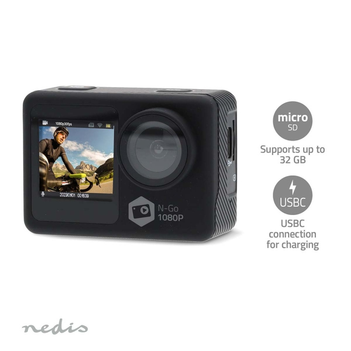 Nedis Action Cam | Dubbel scherm | 1080p@30fps | 12 MPixel | Waterbestendig tot: 30.0 m | 70 min | Wi-Fi | App beschikbaar voor: Android™ / IOS | Mounts inbegrepen | Zwart in de groep SPORT, VRIJE TIJD & HOBBY / Actiecamera\'s en accessoires / Actiecamera\'s bij TP E-commerce Nordic AB (C57029)