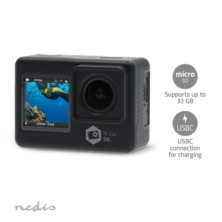 Nedis Action Cam | Dubbel scherm | 5K@30fps | 16 MPixel | Waterbestendig tot: 30.0 m | 80 min | Wi-Fi | App beschikbaar voor: Android™ / IOS | Mounts inbegrepen | Zwart in de groep SPORT, VRIJE TIJD & HOBBY / Actiecamera\'s en accessoires / Actiecamera\'s bij TP E-commerce Nordic AB (C57030)