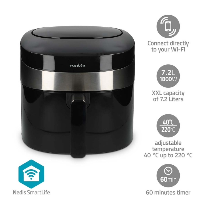 Nedis SmartLife Heteluchtfriteuse | Wi-Fi | 7,2 l | Tijdschakelaar: 240 min | Aantal vooraf ingestelde programma\'s: 8 | Digitaal | Android™ / IOS | Zwart in de groep HUISHOUDEN & TUIN / Huishoudelijke apparaten / Airfryers & friteuses bij TP E-commerce Nordic AB (C57038)