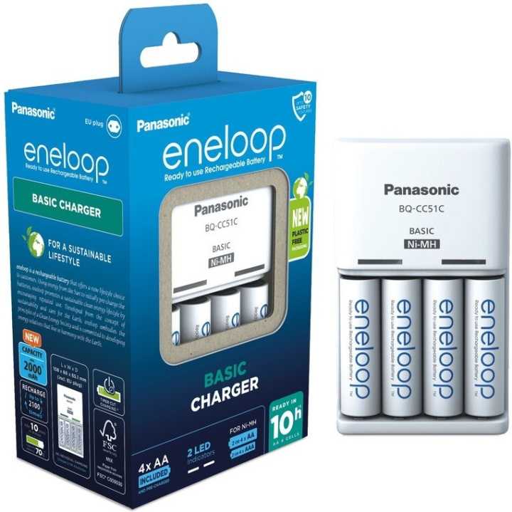 Panasonic Eneloop BQ-CC51 laddare + 4 st 2000 mAh AA-batterier in de groep HOME ELECTRONICS / Batterijen & Opladers / Oplaadbare batterijen / AA bij TP E-commerce Nordic AB (C58864)