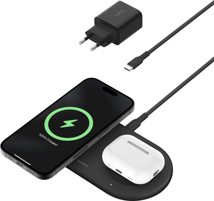 Belkin BoostCharge Pro 2-i-1 Qi2 laddningsplatta, svart in de groep SMARTPHONE & TABLETS / Opladers & Kabels / Draadloze Qi-oplader bij TP E-commerce Nordic AB (C58923)