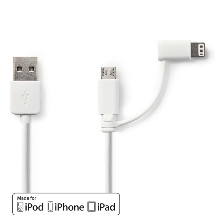 Nedis 2-in-1-Kabel | USB 2.0 | USB-A Male | Apple Lightning 8-Pins / USB Micro-B Male | 480 Mbps | 1.00 m | Vernikkeld | Rond | PVC | Wit | Polybag in de groep COMPUTERS & RANDAPPARATUUR / Computerkabels / USB / USB-A / Kabels bij TP E-commerce Nordic AB (C58985)
