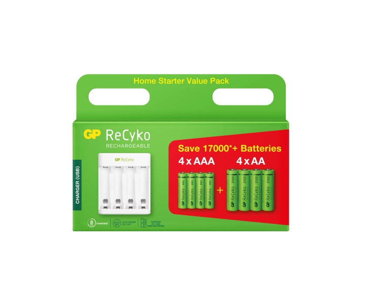 GP ReCyko Kit 4xAA 2100mA/ 4xAAA 850mA NiMH voorverpakt display in de groep HOME ELECTRONICS / Batterijen & Opladers / Oplaadbare batterijen / AA bij TP E-commerce Nordic AB (C60035)