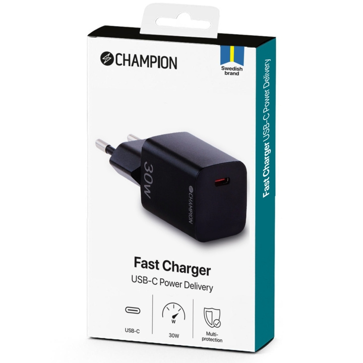 Champion Laddare 30W PD Svart in de groep SMARTPHONE & TABLETS / Opladers & Kabels / Wandoplader / Wandoplader Type C bij TP E-commerce Nordic AB (C60260)