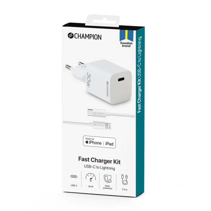 Champion Laddare 30W + USB-C till Lightning Kabel Vit in de groep SMARTPHONE & TABLETS / Opladers & Kabels / Wandoplader / Wandoplader Lightning bij TP E-commerce Nordic AB (C60262)