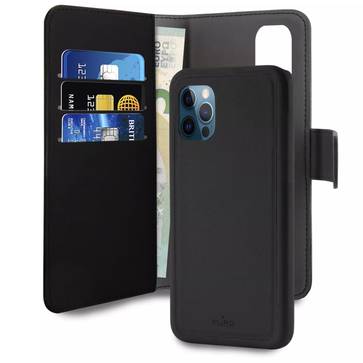 Puro iPhone 12 Pro Max, EcoLeather Wallet Detach, black in de groep SMARTPHONE & TABLETS / Mobielbescherming / Apple / IPL en laser / Wallet Case bij TP E-commerce Nordic AB (C60612)