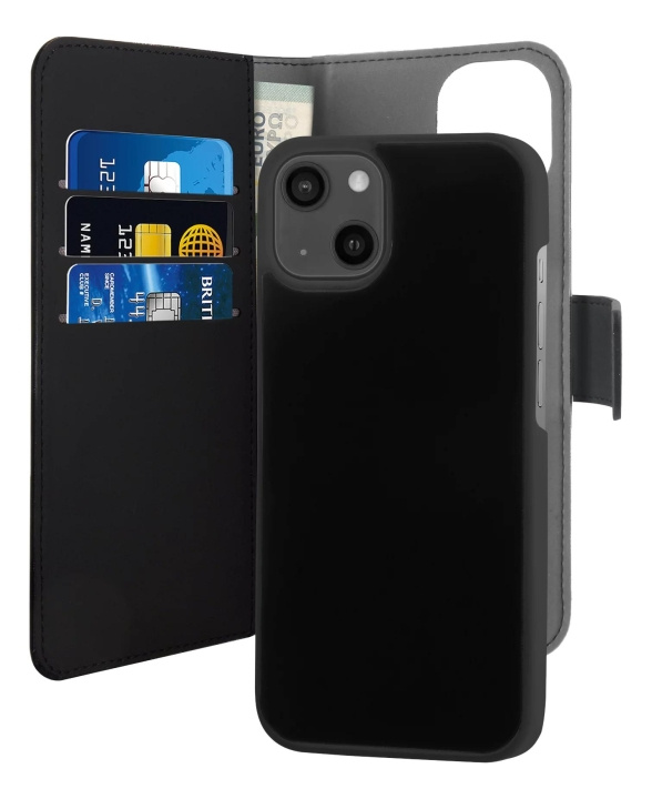 Puro iPhone 13 Mini Mini EcoLeather Wallet Detach black in de groep SMARTPHONE & TABLETS / Mobielbescherming / Apple / iPhone 13 Mini / Wallet Case bij TP E-commerce Nordic AB (C60716)