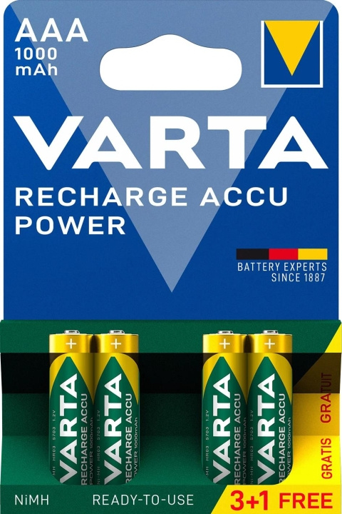 Varta Recharge Charge Accu Power AAA 1000mAh 4 Pack (3+1) in de groep HOME ELECTRONICS / Batterijen & Opladers / Oplaadbare batterijen / AAA bij TP E-commerce Nordic AB (C60789)
