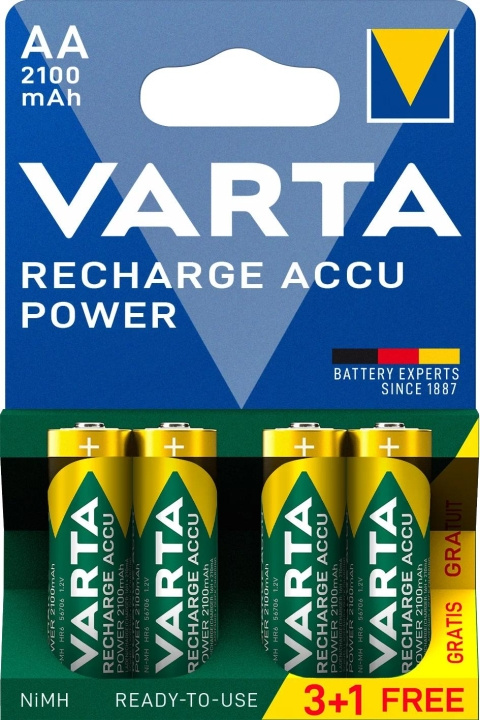 Varta Recharge Charge Accu Power AA 2100mAh 4 Pack (3+1) in de groep HOME ELECTRONICS / Batterijen & Opladers / Oplaadbare batterijen / AA bij TP E-commerce Nordic AB (C60791)