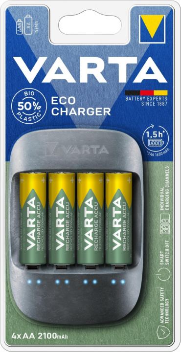 Varta Eco Charger + 4x AA Batteries (56816), 2100 mAh in de groep HOME ELECTRONICS / Batterijen & Opladers / Oplaadbare batterijen / AA bij TP E-commerce Nordic AB (C60793)