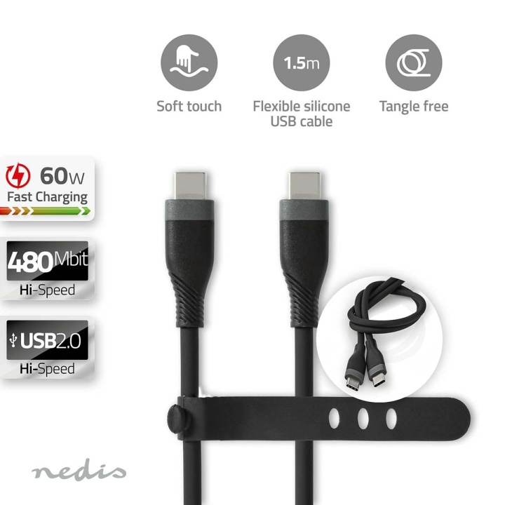 Nedis USB-Kabel | USB 2.0 | USB-C™ Male | USB-C™ Male | 60 W | 480 Mbps | Vernikkeld | 1.50 m | Rond | Silicone | Zwart | Doos in de groep COMPUTERS & RANDAPPARATUUR / Computerkabels / USB / USB-C bij TP E-commerce Nordic AB (C66096)