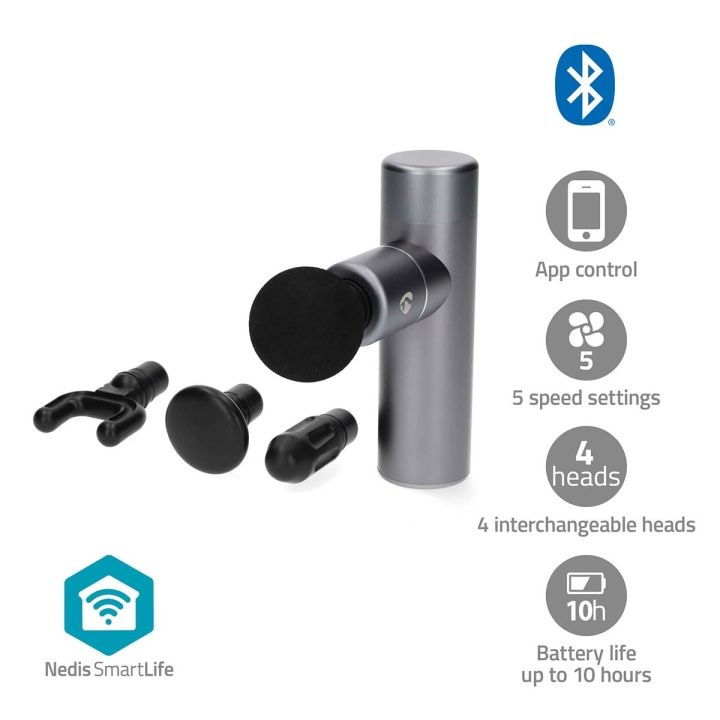 Nedis SmartLife Sportmassagepistool | Accu gevoed | N/A | Oplaadbaar | 5 Massage Modes | Bolvormige kop / Conische kop / Platte kop / Tasje / U-vormige kop | Donkergrijs in de groep BEAUTY & HEALTH / Massage & Wellness / Massage bij TP E-commerce Nordic AB (C66699)