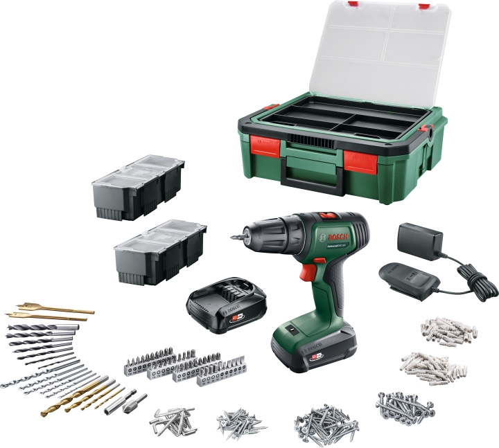 Bosch UniversalDrill 18V + SystemBox 241 accuschroefboormachine + accessoireset in de groep HUISHOUDEN & TUIN / Gereedschap / Boormachines bij TP E-commerce Nordic AB (C69516)