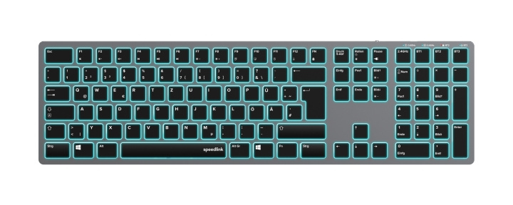 Speedlink LEVIA Verlicht Oplaadbaar Metalen Kantoor Schaar Toetsenbord - Draadloos, Bluetooth, grijs - DE Layout in de groep COMPUTERS & RANDAPPARATUUR / Muizen en toetsenborden / Toetsenborden / Draadloos bij TP E-commerce Nordic AB (C86248)