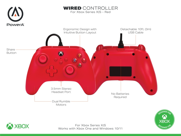 PowerA PowerA Bedrade controller voor Xbox Series X - S - Rood in de groep HOME ELECTRONICS / Spelconsoles en accessoires / Xbox Series X / Accessoires bij TP E-commerce Nordic AB (D02344)