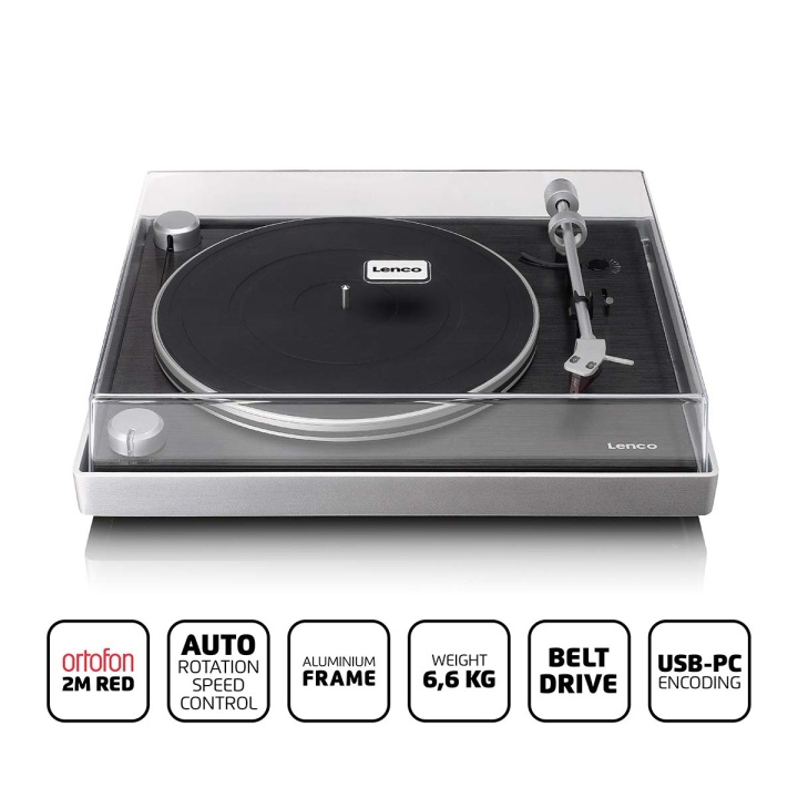 Lenco Platenspeler met zichtbare snaaraandrijving, geborsteld aluminium frame en Ortofon 2M RED cassette Zwart in de groep HOME ELECTRONICS / Audio & Beeld / Thuisbioscoop, Hifi en Draagbaar / Compacte stereo- en platenspelers bij TP E-commerce Nordic AB (D14674)