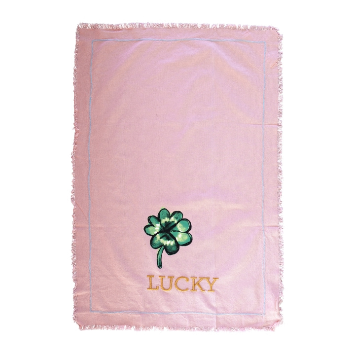 RICE Katoenen theedoek Good Luck print en borduursel in zachtroze in de groep HUISHOUDEN & TUIN / Badkamer / Handdoeken bij TP E-commerce Nordic AB (D15233)