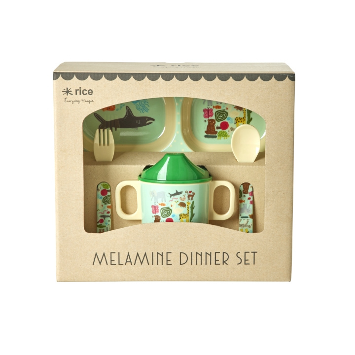 RICE Melamine Baby Diner Set - Wildlife Print - Mint en Blauw in de groep SPEELGOED, KINDER- & BABYPRODUCTEN / Eten & Drinken / Kinderservies bij TP E-commerce Nordic AB (D15344)