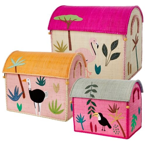 RICE Grote set van 3 speelgoedmanden roze junglethema in de groep SPEELGOED, KINDER- & BABYPRODUCTEN / Kinderkamer / Opslag bij TP E-commerce Nordic AB (D15683)