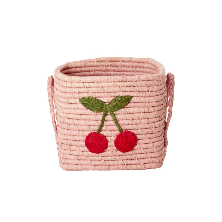 RICE Raffia Vierkante Mand met Groot Kersenborduurwerk - Zacht Roze - Klein in de groep SPEELGOED, KINDER- & BABYPRODUCTEN / Kinderkamer / Opslag bij TP E-commerce Nordic AB (D15703)