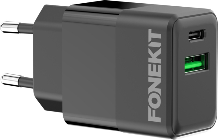 FoneKit Dubbele 20W lader, USB-C + USB-A, zwart in de groep SMARTPHONE & TABLETS / Opladers & Kabels / Wandoplader / Wandoplader Type C bij TP E-commerce Nordic AB (D16154)
