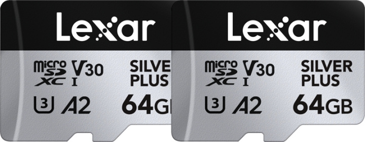Lexar microSDXC Professional SILVER Plus UHS-I/U3/A2/4K R205/W100 (V30) - SILVER - 64GB - 2verpakking in de groep HOME ELECTRONICS / Opslagmedia / Geheugenkaarten / SD/SDHC/SDXC bij TP E-commerce Nordic AB (D18776)