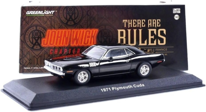 Greenlight Collectibles 1/43 John Wick 4 - 1971 Plymouth Cuda in de groep SPEELGOED, KINDER- & BABYPRODUCTEN / Op afstand bestuurbaar / Autobanen / Auto\'s bij TP E-commerce Nordic AB (D18867)