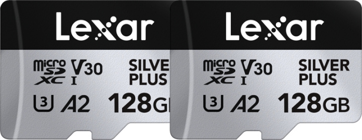 Lexar microSDXC Professional SILVER Plus UHS-I/U3/A2/4K R205/W150 (V30) - 128GB - 2-pack in de groep HOME ELECTRONICS / Opslagmedia / Geheugenkaarten / SD/SDHC/SDXC bij TP E-commerce Nordic AB (D19601)