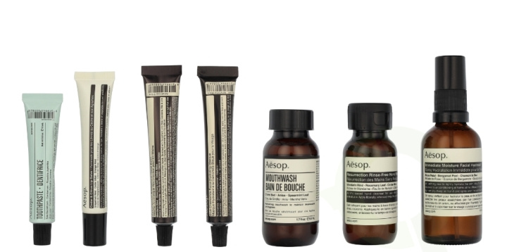 AESOP Departure Travel Kit 199 ml Hand Wash 50ml/Hand Balm 15ml/Hydrating Masque 15ml/Facial Hydrosol 50ml/Lip Cream 9ml/Mouthwash 50ml/Toothpaste 10ml in de groep BEAUTY & HEALTH / Cadeausets / Cadeausets voor haar bij TP E-commerce Nordic AB (D19647)