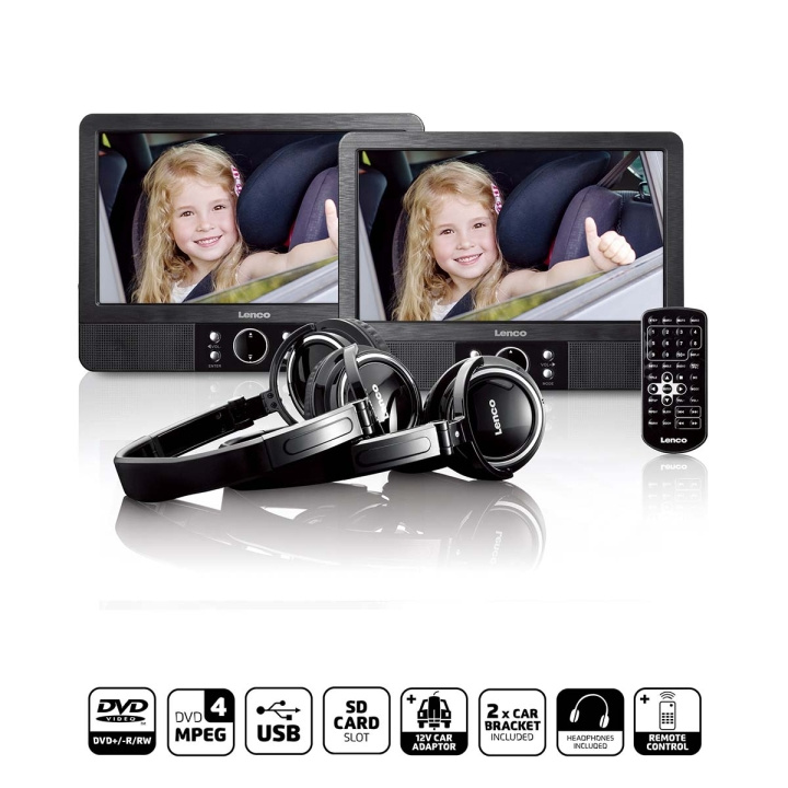 Lenco 9 inch DVD dubbel scherm met beugels en hoofdtelefoon Zwart in de groep HOME ELECTRONICS / Audio & Beeld / Thuisbioscoop, Hifi en Draagbaar / Blu-ray- en dvd-spelers bij TP E-commerce Nordic AB (D20928)
